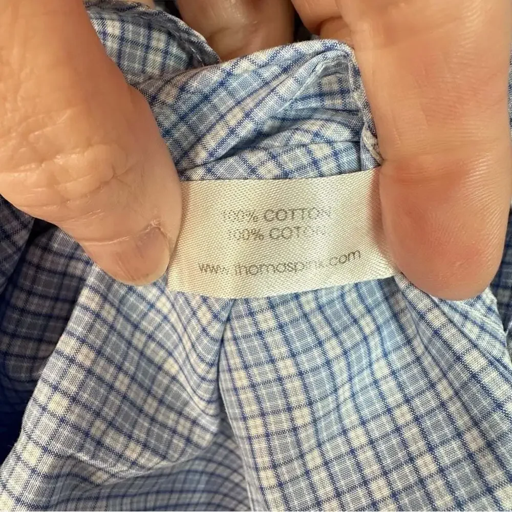 Thomas Pink Blue Check Shirt 17 Cotton Tailored Fit Button Front Businesscore